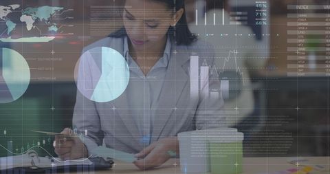 Businesswoman Analyzing Financial Data with Digital Interface Overlay