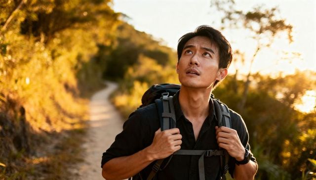 Contemplative hiker looking upward on sunlit hill trail with backpack during golden hour