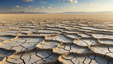 Expansive desert basin with cracked mud plates in drought-affected region