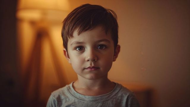 Young boy gazing calmly in warm amber light, intimate child portrait