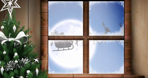 Magical Santa Sleigh Flying by Snowy Window at Christmas