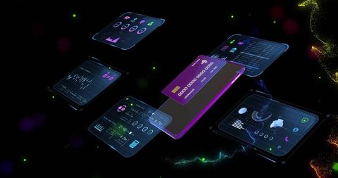 Floating Contactless Card Hovering Over Smartphone with Holographic Fintech UI and Neon Analytics