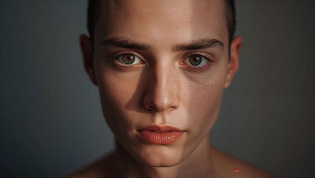 Intense Closeup Headshot of Young Woman with Hazel Eyes, Freckles and Cinematic Soft Light