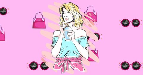 Trendy fashion and accessories collage with young woman drinking shake
