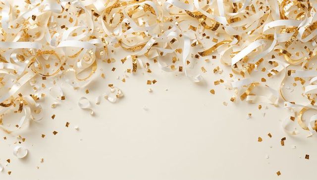 Scattering white and gold streamers with glitter confetti on beige backdrop for celebrations
