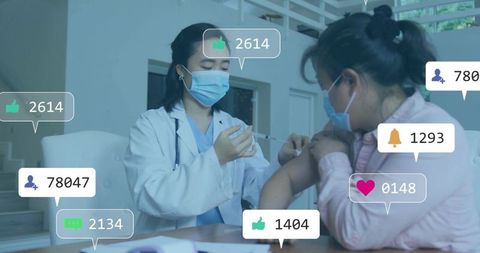 Doctor Preparing Vaccine with Digital Communication Icons Overlay