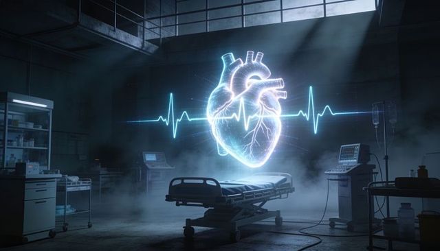 Holographic human heart pulsing over medical gurney with ecg waveform in industrial lab