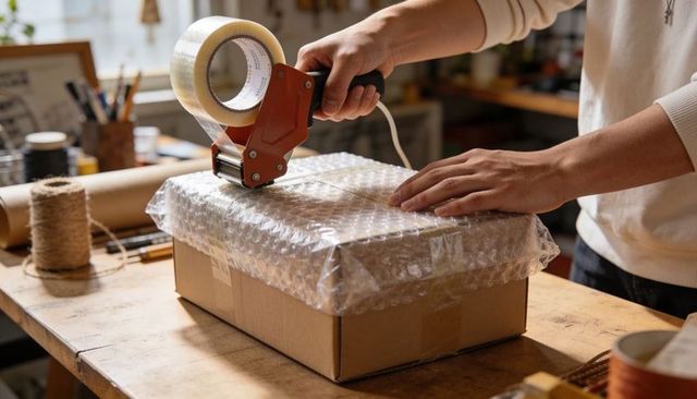 Hands sealing bubble-wrapped cardboard shipping box with tape dispenser on wooden workbench