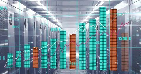 Digital Bar and Line Graphs in Server Room with Futuristic Touch