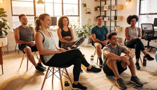 Diverse group attending wellness workshop, listening and smiling in sunlit fitness studio