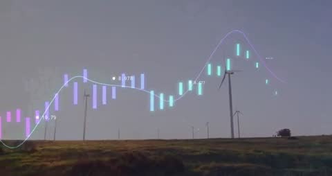 Futuristic Data Overlay on Wind Turbines Symbolizing Sustainable Energy Trends