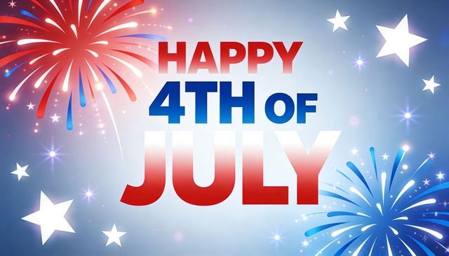 Happy 4th of july celebrating with fireworks and stars, bold red white blue typography