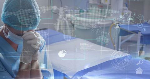 Surgeon in Blue Scrubs Analyzing Data Overlay in Operating Room