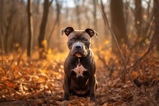 Portrait of black and brown pitbull in autumn forest, created using generative ai technology. Animal, dog and pet concept digitally generated image.