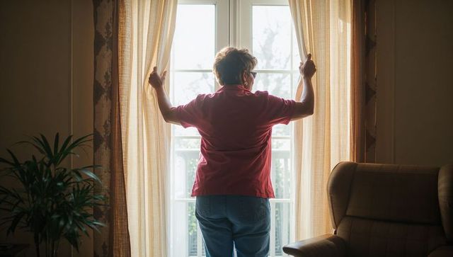 Senior woman pulling curtains to sunlit balcony through glass doors in cozy living room