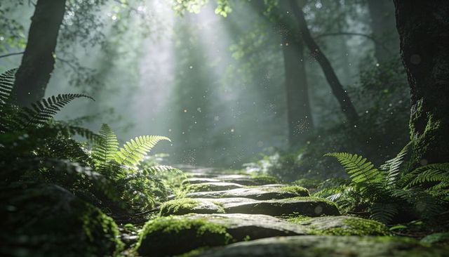 Leading moss-covered stepping stones guiding eye through sunlit misty forest with ferns
