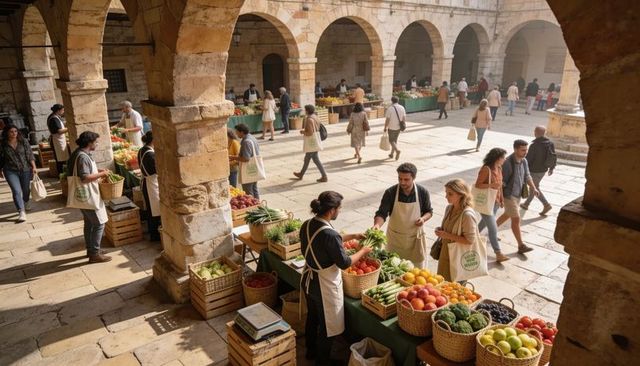 Sunlit mediterranean market under stone arches selling colorful fresh produce and baskets