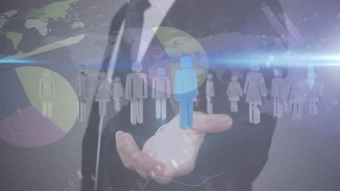 Businessman Introducing Digital Human Icons and Data Visualizations