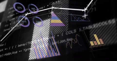 Futuristic Data Dashboard Showing Circular Ring, Bar, Line and Wave Charts on Dark Interface