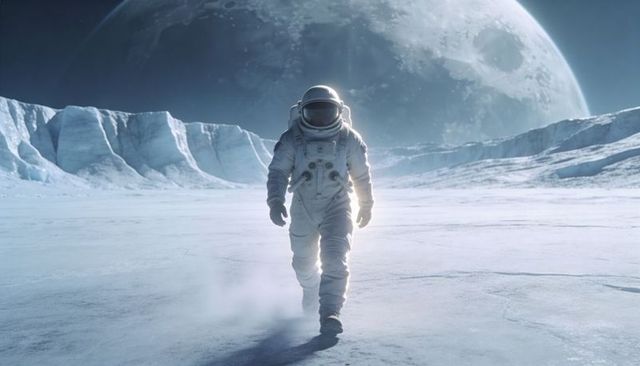 Solitary astronaut walking across frozen icy exoplanet plain with giant planet on horizon