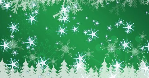 Festive Snowflakes Falling on Green Background