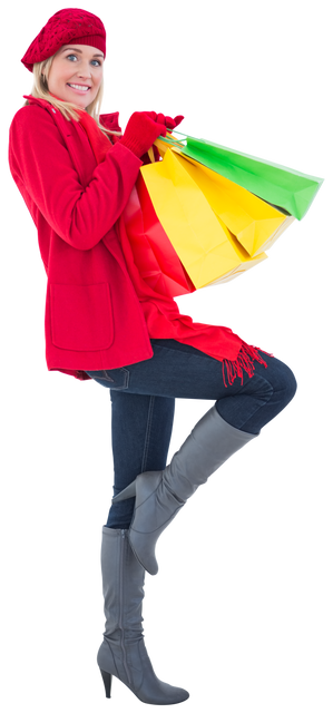 Smiling Woman in Winter Outfit Holding Colorful Shopping Bags Transparent PNG - Download Free Stock Videos Pikwizard.com