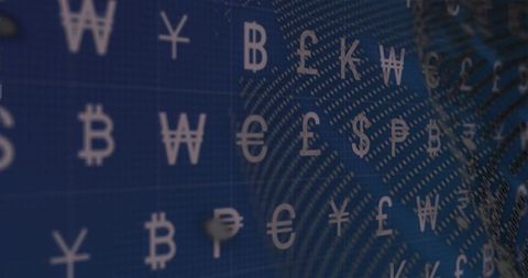 Currency symbols on biometric fingerprint conveying fintech security and blockchain