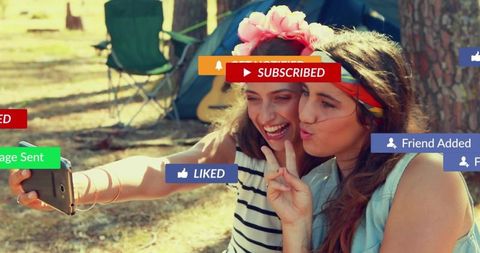Happy Friends Taking Selfie with Social Media Icons at Campsite
