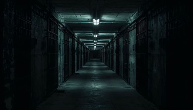 Dark Prison Corridor with Fluorescent Lighting