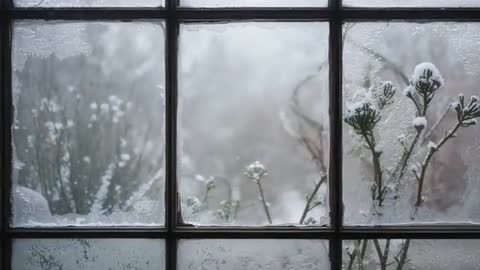 Watching snow-laden shrubs through frosted nine-pane window during quiet winter morning
