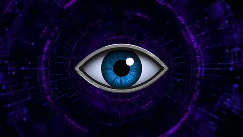 Cybernetic blue eye monitoring digital network with neon hud rings and metallic frame