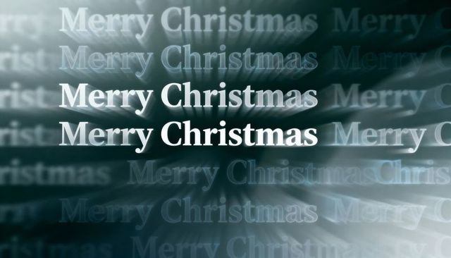 Merry Christmas bold white typography with radial motion blur and teal light streaks