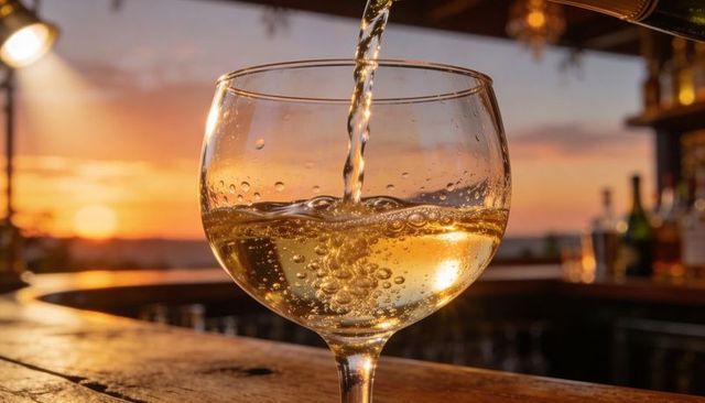 Pouring sparkling white wine into goblet at sunset bar with golden bokeh