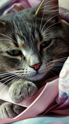 Vertical video of grey tabby cat waking and lifting head on cozy bed, close-up portrait