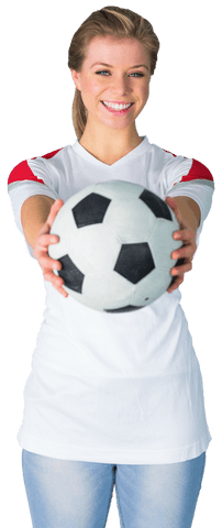 Smiling soccer fan holding ball with cheerful expression transparent background