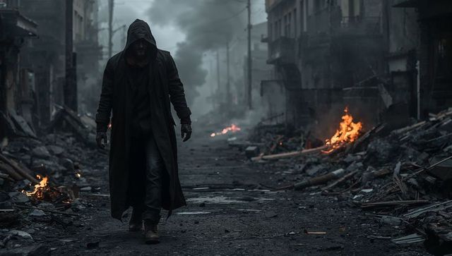 Solitary figure in war-torn urban landscape