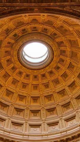 Tilting Up Revealing Coffered Dome with Central Oculus and Ornate Moldings in Historic Rotunda