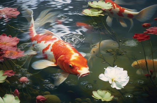 Picture of vibrant koi fish swimming among lotus flowers in a serene pond. Ideal for use in themes related to nature, tranquility, aquatic life, and garden designs. Perfect for websites, nature blogs, posters, or relaxation and wellness content.