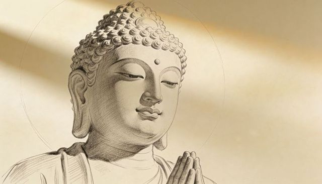 Serene buddha sketch with halo and prayer hands on aged parchment for meditation