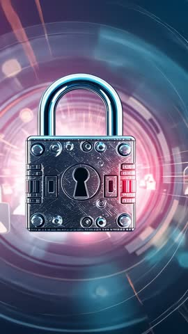 Vertical cybersecurity video featuring metallic padlock protecting data with spinning HUD rings