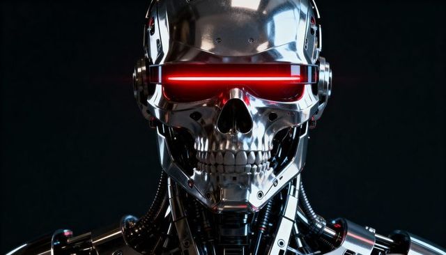 Chrome Skull Android with Red LED Visor and Exposed Endoskeleton for Sci-Fi Concept Art