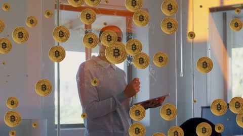Man Wearing Mask in Office with Floating Bitcoin Symbols Innovating