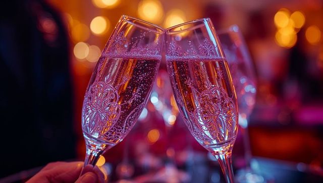 Ornate champagne flutes clinking in dimly lit bar lounge