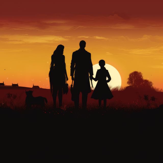 Silhouette of a family holding hands with a dog while watching the sunset. Ideal for use in family-related themes, outdoor activities, vacation promotions, and nature bonding scenes. Captures warm, emotional moments suitable for storytelling in blogs, advertisements, or social media campaigns.
