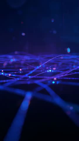 Vertical animated digital network filaments pulsing with blue and purple bokeh particles