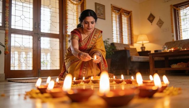 Indian woman in mustard saree lighting diyas and arranging marigold for diwali ritual