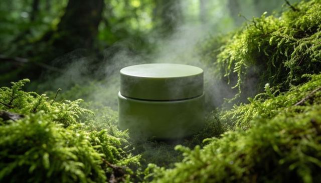 Matte green cosmetic jar sitting on mossy forest floor with rising mist for eco-luxury branding