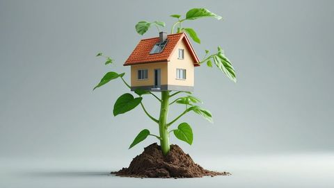 Eco-friendly house on growing plant stem, real estate concept