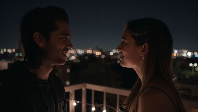 Smiling couple gazing on rooftop balcony at night with bokeh city lights and warm glow