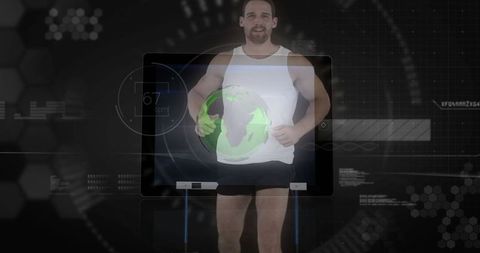 Athletic Man with Holographic Globe in Futuristic Digital Room - Download Free Stock Images Pikwizard.com